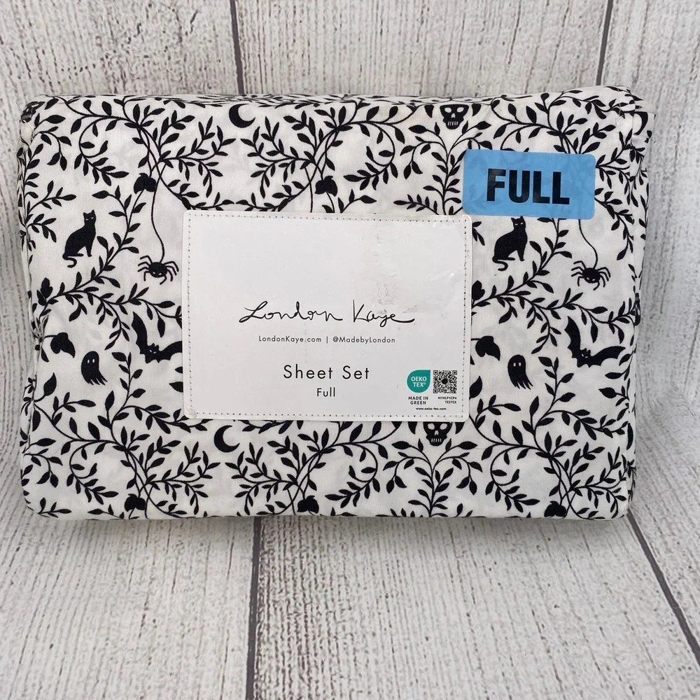 London Kaye Sheet Set Full White Black Halloween Cat Skull Ghost Bat Microfiber